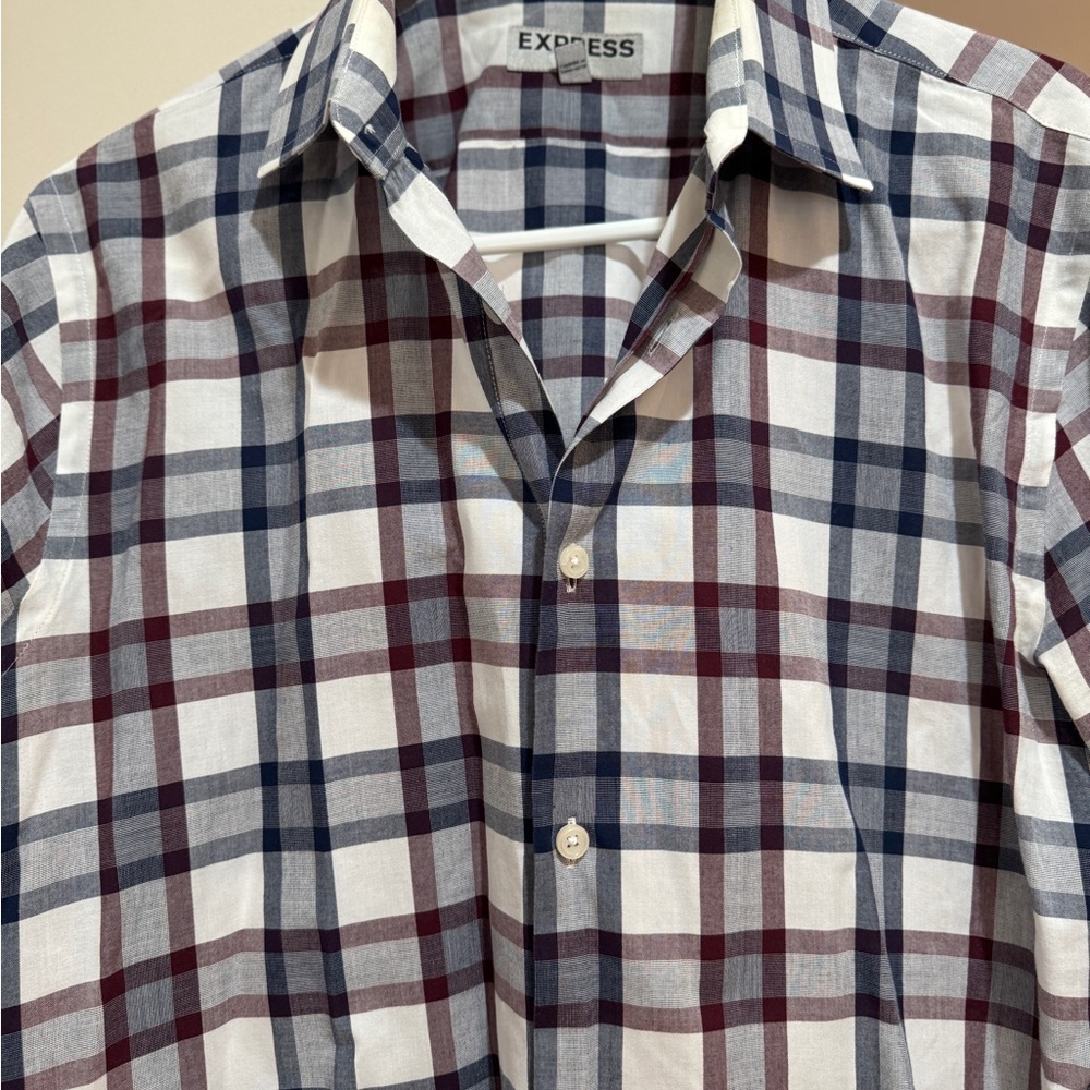 Express Men's Blue and Red Plaid Shirt